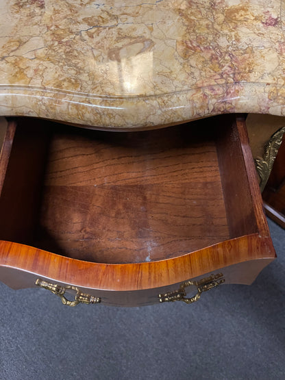 Open, empty French Mahogany Side Cabinet drawer with gold handles, marbled top, and ormolu trim. Sizes: S, M, L.