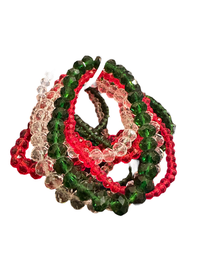 Glass Beaded Strand Bracelet with faceted red, green, and clear beads. Available in small, medium, and large sizes.