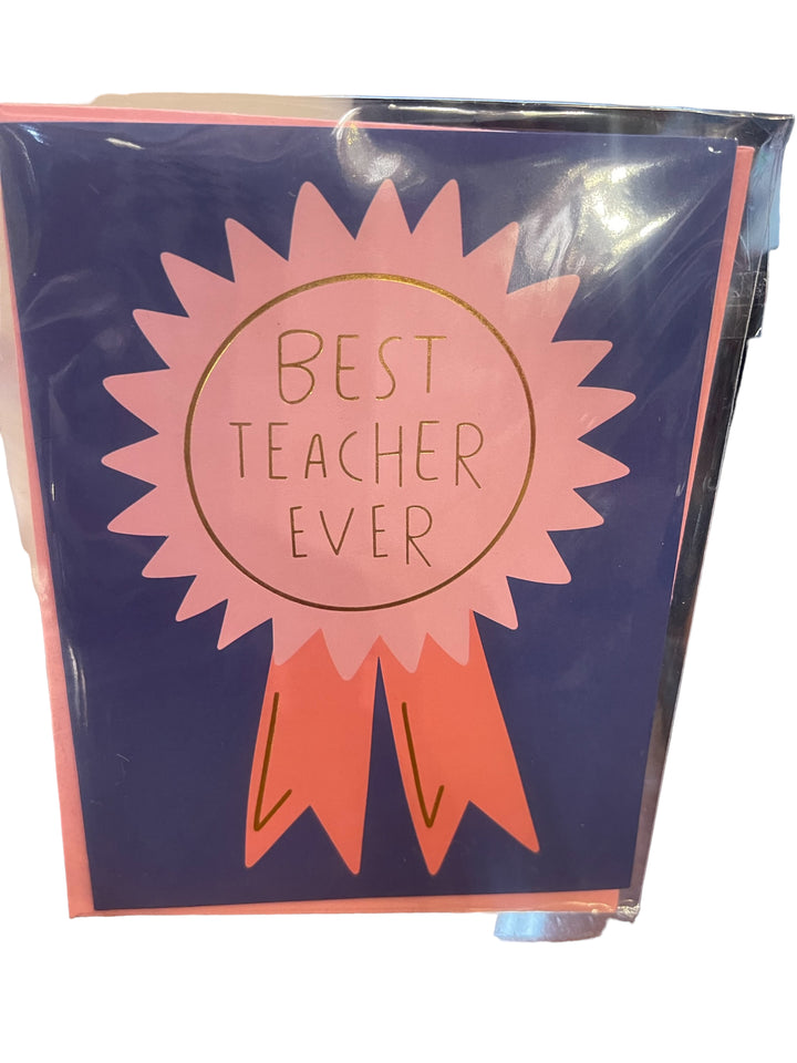 Greeting card with large pink ribbon and gold "Best Teacher Ever" text. Available in 5x7 inch and 4x6 inch sizes.
