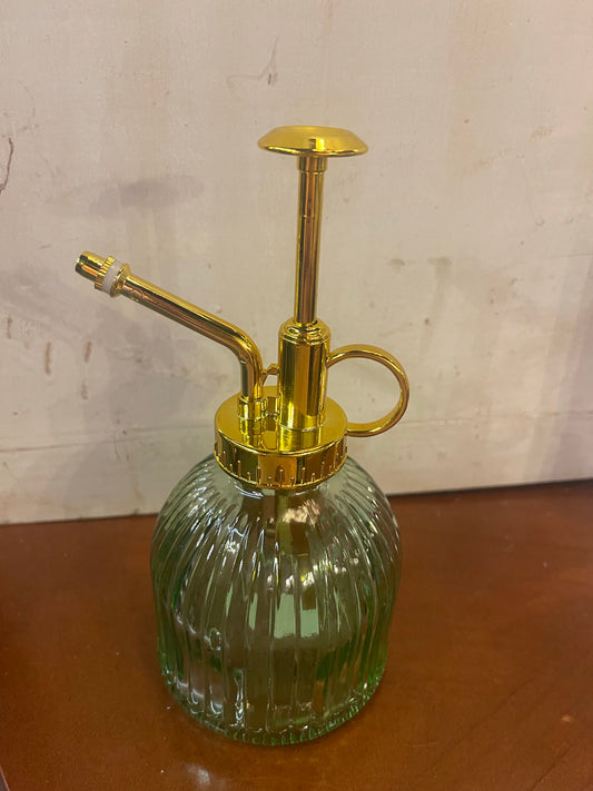 Plant Mister 3 designs 53754-20 with ribbed green glass body, gold pump; sizes available: small, medium, large.