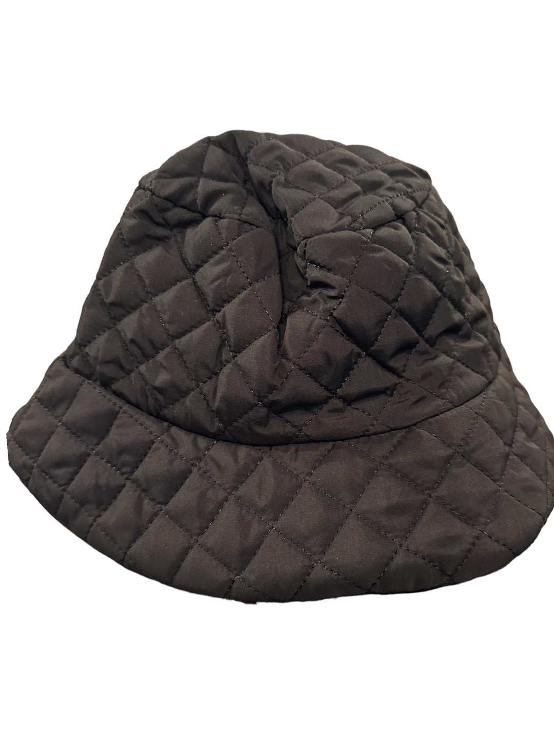 Black quilted bucket hat with diamond pattern, padded texture, and floppy brim. Available in S, M, and L sizes.