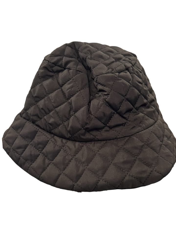 Black quilted bucket hat with diamond pattern, padded texture, and floppy brim. Available in S, M, and L sizes.