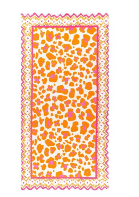 Rectangular cotton beach towel with orange and pink leopard print center, zigzag borders; available in standard and large sizes.