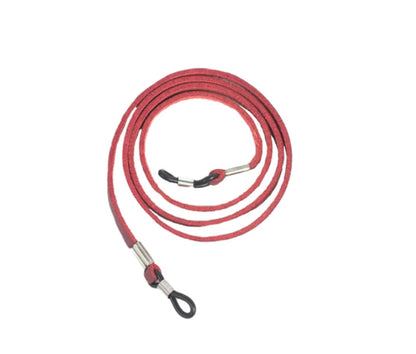 Red Peepers Leather Cord eyeglasses strap with black and silver adjustable anti-slip loops. Sizes: S, M, L.