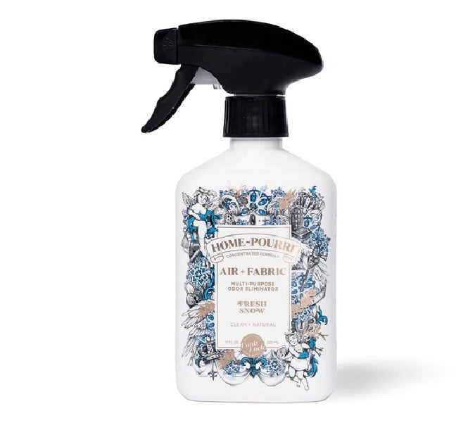 Fresh Snow Room Spray: white bottle, black nozzle, blue-gray floral label. Available in 8oz and 16oz sizes. Fresh Snow scent.