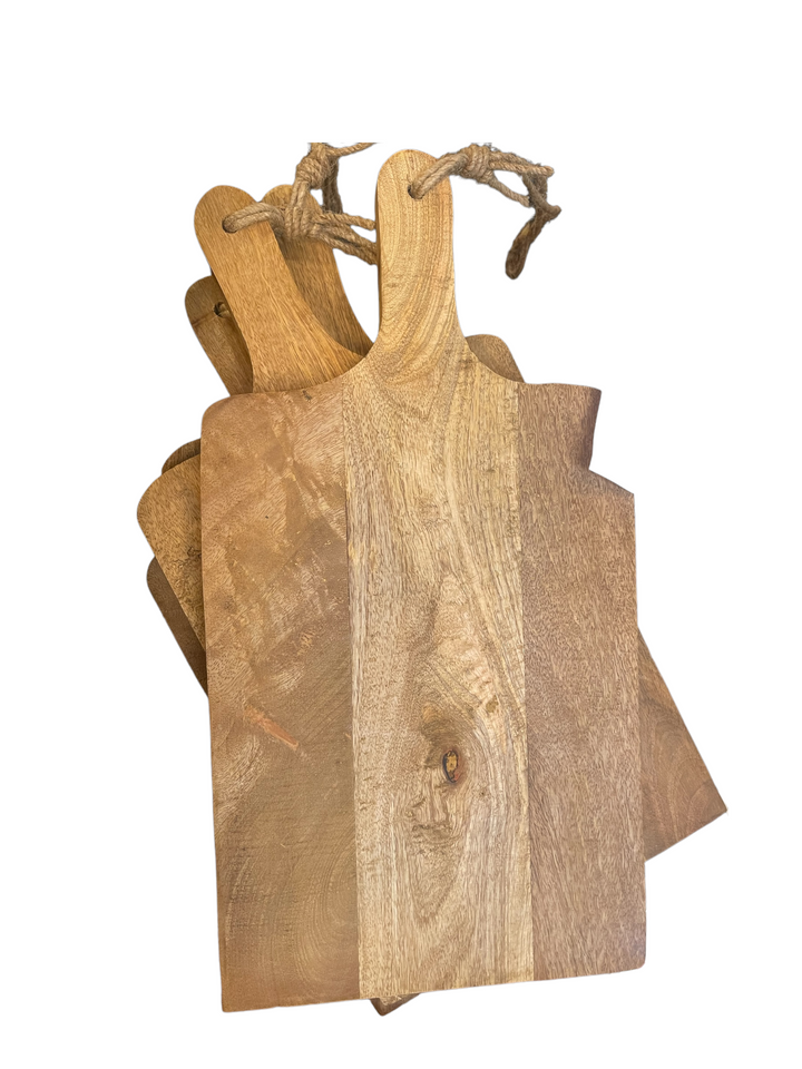Messina Serving Boards with handles, rope loops, and rustic grain. Sizes: small, medium, large. Stacked slightly askew.