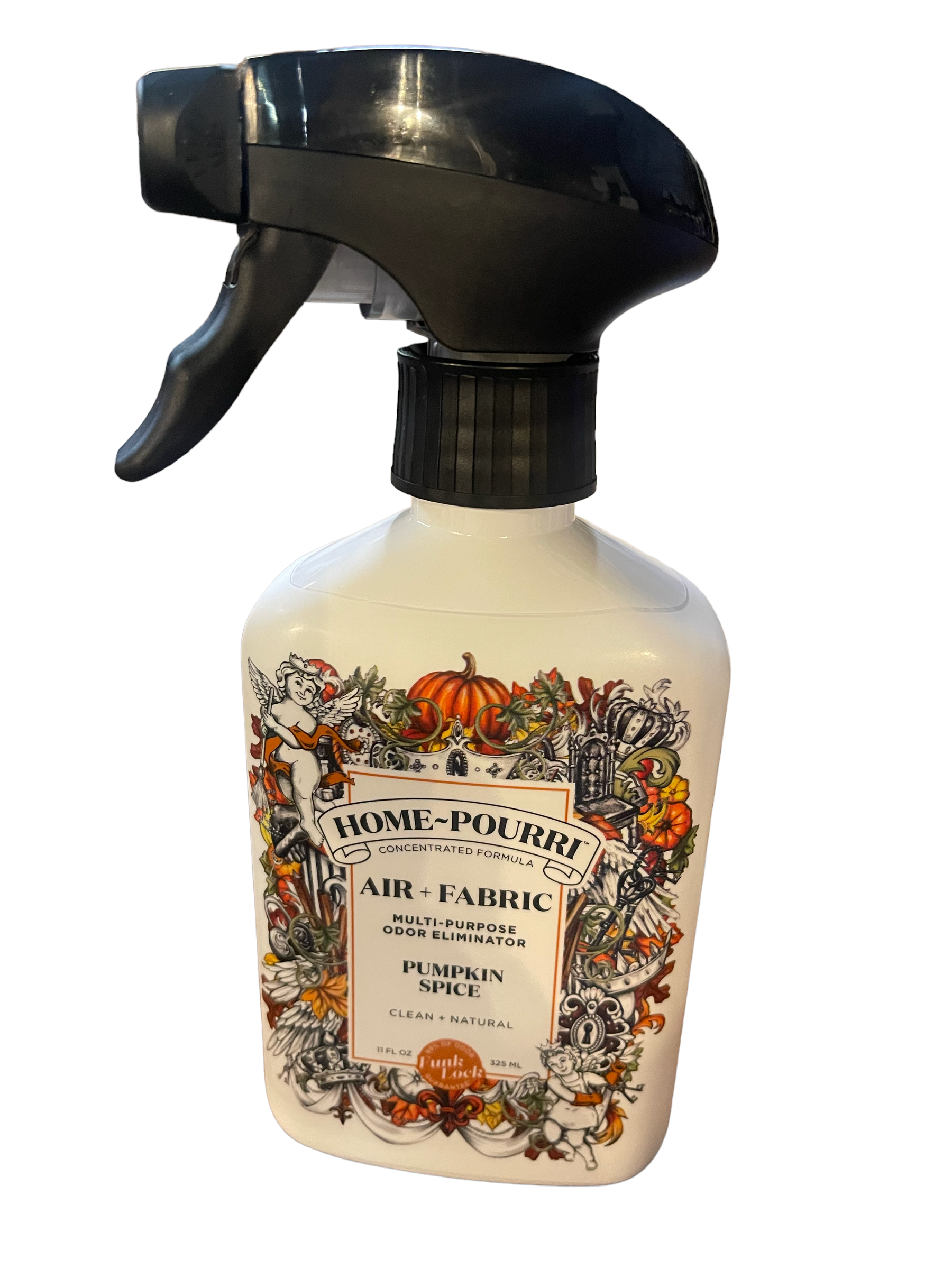 This product is a bottle of Pumpkin Spice Air Fabric Spray. The item is characterized by a decorative label, adorned with autumn-themed illustrations such as pumpkins and leaves. It comes in one standard size bottle.