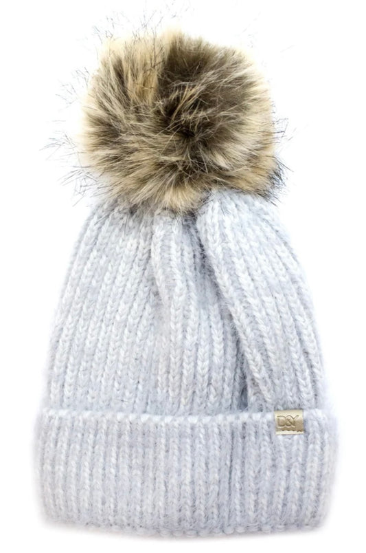Light gray feather knit beanie with folded brim and large faux fur pom-pom. Available in S, M, and L.
