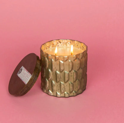 Sweet Grace Collection Candle #035: soy blend, three wicks, gold textured jar, wooden lid. Available in multiple sizes.