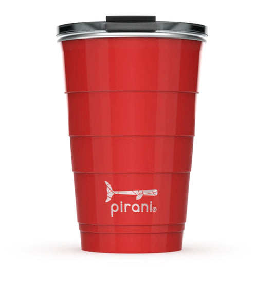 16 oz. reusable red tumbler with ridged sides, silver lid, white Pirani fish logo; triple-insulated and dishwasher safe.