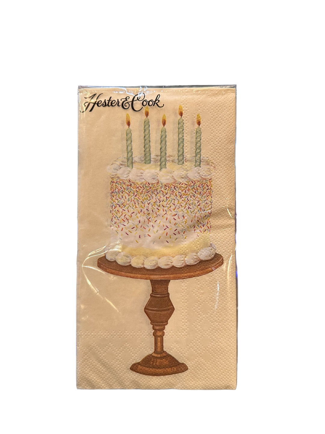 Birthday Cake Guest Napkin, pack of 16, features cake design with candles and "Hester &amp; Cook." Size: guest napkin.