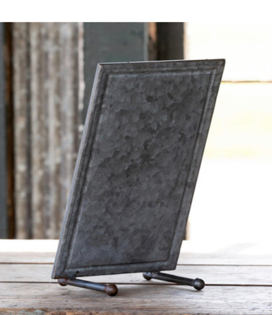 Vertical standing chalkboard with textured galvanized-metal look, available in 8"x10" and 12"x16" sizes.