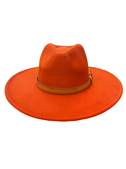 Bright orange wool hat with wide brim and brown leather band. Available sizes: S, M, L.