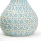 Round light blue ceramic vases with white interlocking triangle pattern, narrow opening. Available in small, medium, large.