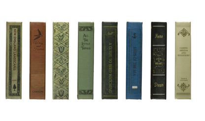 Set of 9 book-shaped storage boxes with assorted spine colors and titles; sizes available: small, medium, large.