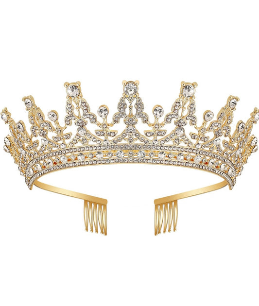 Gold/Silver Queen Crown with intricate designs, clear gemstones, secure side combs. Available in S/M/L sizes.