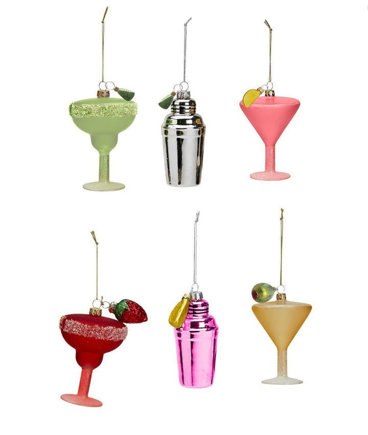 Six Cocktail Hour ornament set with hanging cocktail glass or shaker and fruit or olive charms.
