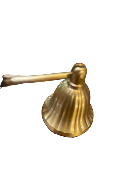 Gold-toned brass candle snuffer with ridged bell base and long handle; vintage style. Available in one size.
