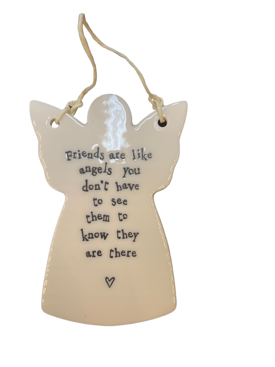 Angel Heart Ornament E4047-UN, 3 designs, shaped like an angel with a heart icon and the text “Friends are like angels you don’t have to see them to know they are there.”.