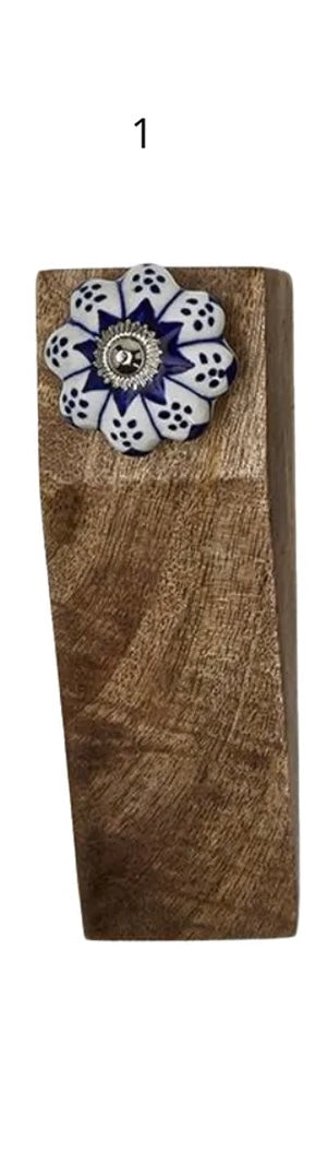Chinoiserie Door Stop, mango wood, blue and white ceramic floral knob; available in small and large sizes.