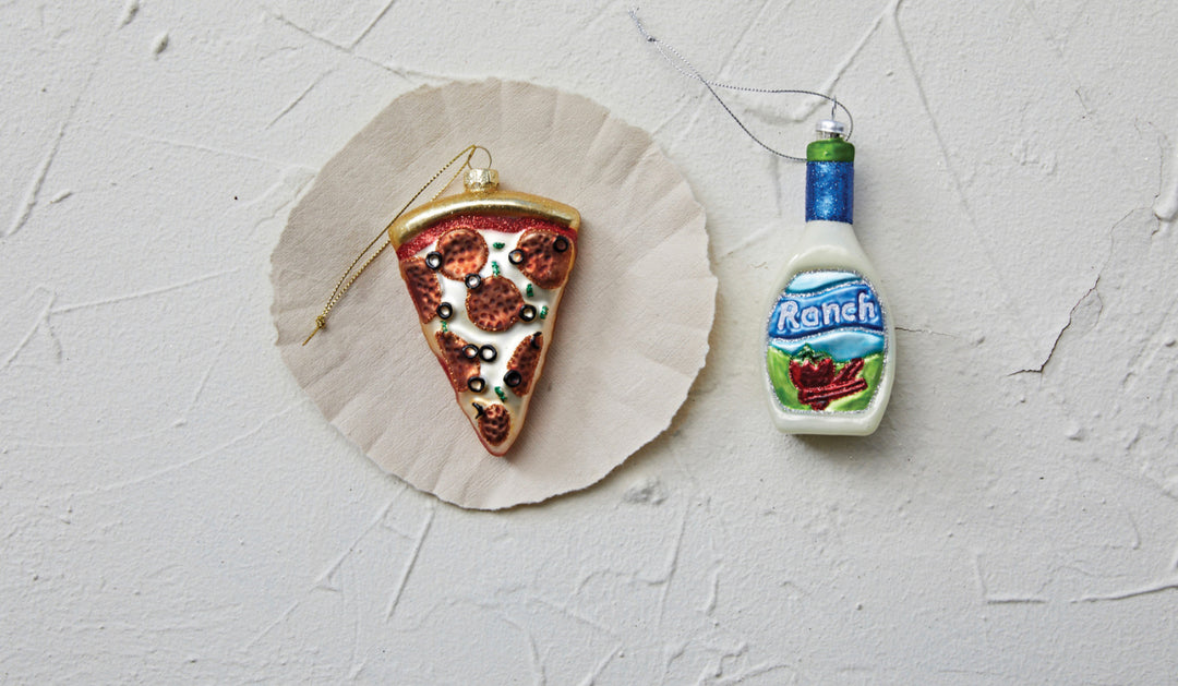 Hand-Painted Glass Ranch Dressing Bottle Ornament with blue cap and red vegetable label.