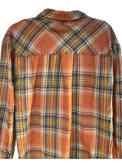 Orange plaid shirt with blue, yellow, and white stripes, frayed edges. Sizes: S-XL.