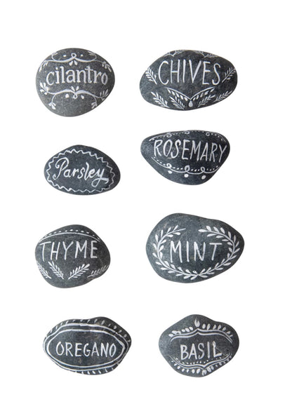 Set of 8 smooth gray stones, each labeled in white for various herbs; sizes not specified.