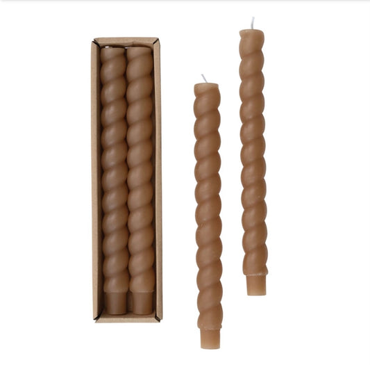 Four unscented cappuccino twist taper candles. Sizes available: standard (10 in) and mini (6 in).