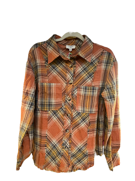 Plaid Rust Mix Mineral Wash Top: long-sleeve, button-up, chest pockets, frayed seams, sizes S-XL. Orange/yellow/blue/white plaid.
