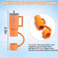 This product is an orange tumbler with a special feature - an attached Straw Cover Cap. The design is displayed in two forms: as a complete unit and in exploded view to detail the sizes of the different components. It's specified for use with straws of 9-10mm diameter. Sizes available for this product may vary depending on individual listings or retailers.