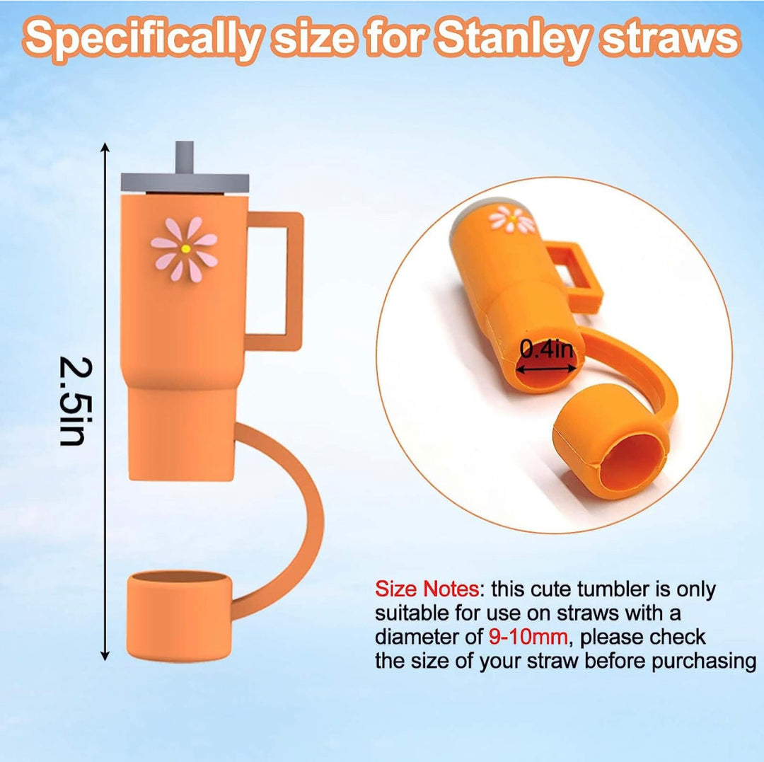This product is an orange tumbler with a special feature - an attached Straw Cover Cap. The design is displayed in two forms: as a complete unit and in exploded view to detail the sizes of the different components. It&
