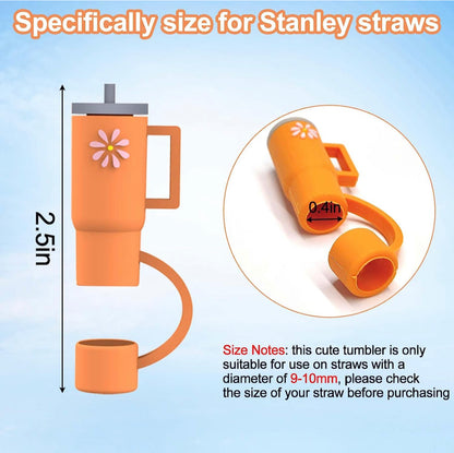 This product is an orange tumbler with a special feature - an attached Straw Cover Cap. The design is displayed in two forms: as a complete unit and in exploded view to detail the sizes of the different components. It's specified for use with straws of 9-10mm diameter. Sizes available for this product may vary depending on individual listings or retailers.
