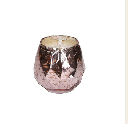 Faceted rose gold holder with textured copper mercury glass and cream soy-blend wax; Sweet Grace Candle #011; sizes available.