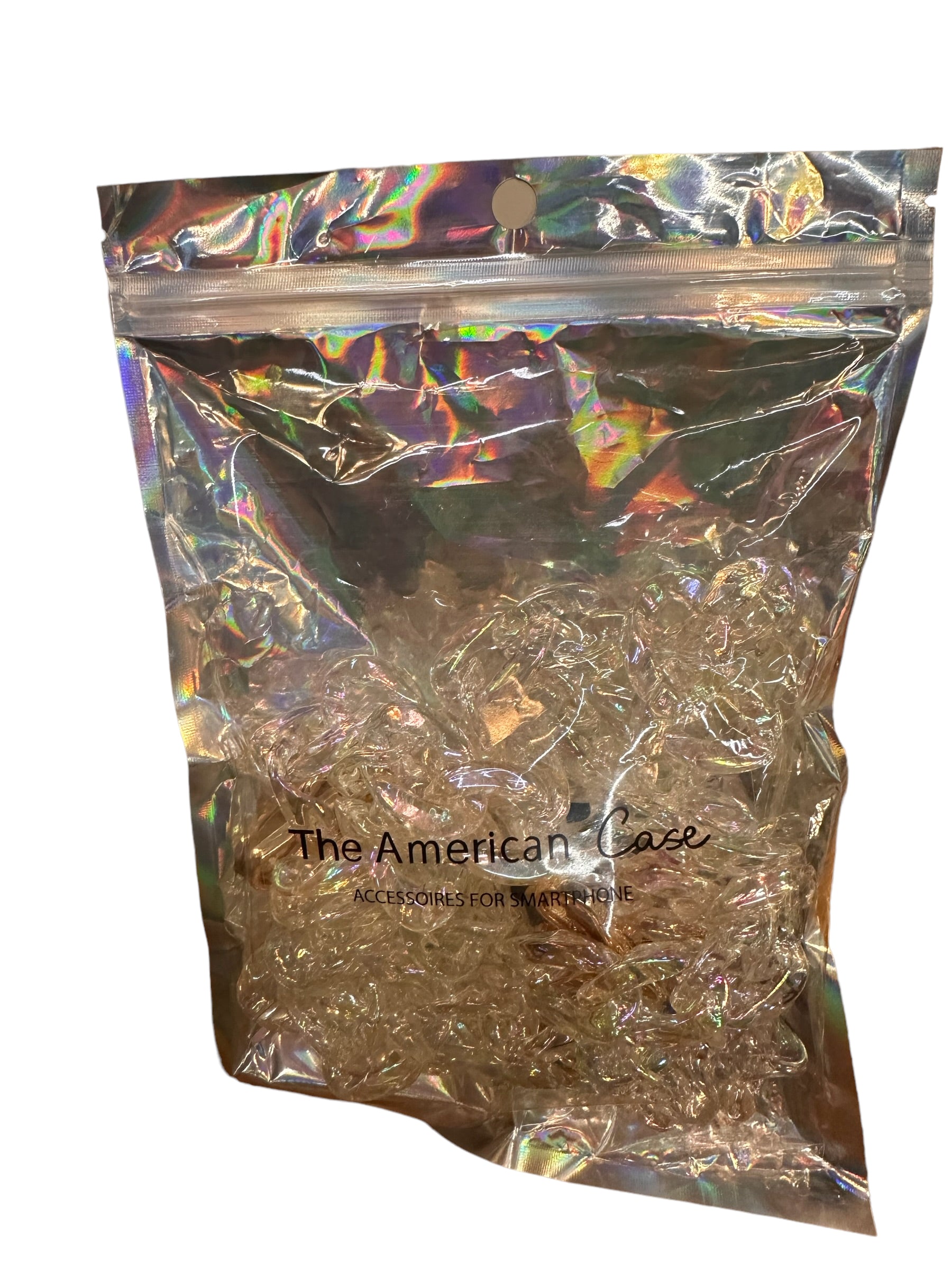 This product is a holographic ziplock bag, featuring black text on the lower part which reads "the american case" and "phone case accessories". The bag boasts a shiny, multi-colored backdrop for extra visual effect.