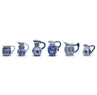 Six Canton Small Pitchers, assorted sizes, with blue and white floral, kitchen, or Canton motifs. Sizes: small to medium.
