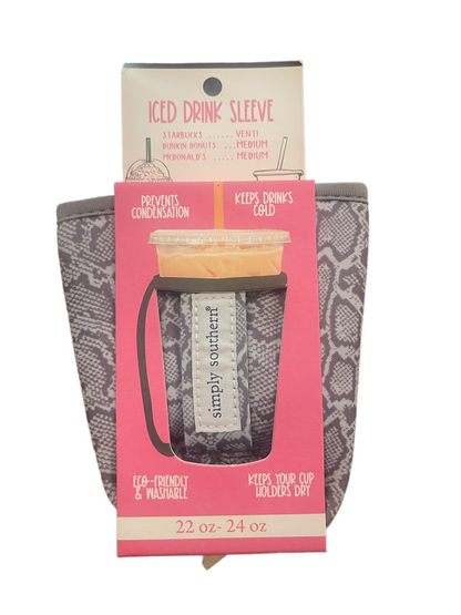 Simply Southern gray drink sleeve fits 22-24 oz cups, keeps drinks cold, prevents condensation, eco-friendly, washable.