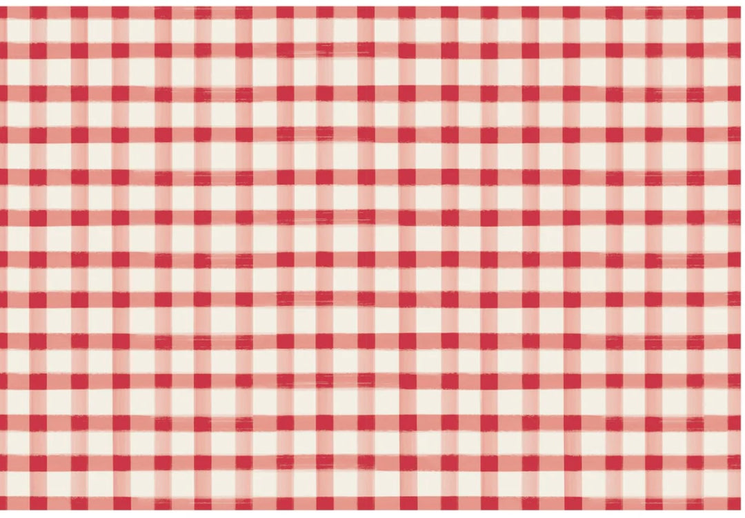 Red Painted Check placemat in a red and white gingham brushstroke pattern.