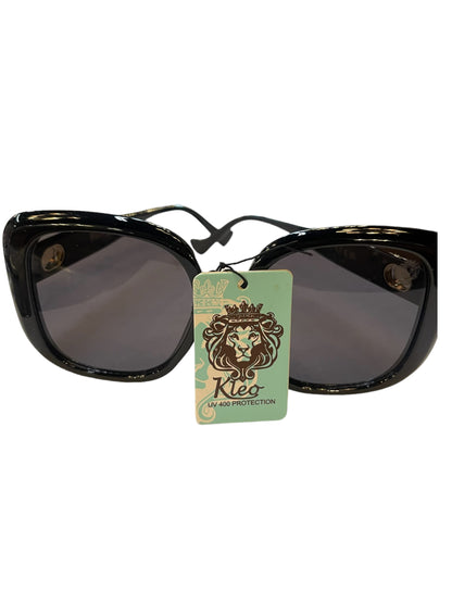Kleo black butterfly sunglasses with dark lenses, UV 400 protection tag. Available sizes: small, medium, large.