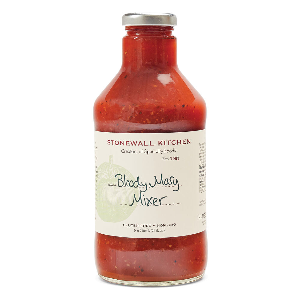 24 oz clear glass Bloody Mary Mixer bottle with silver cap, white label; gluten free, non-GMO. Other sizes may be available.
