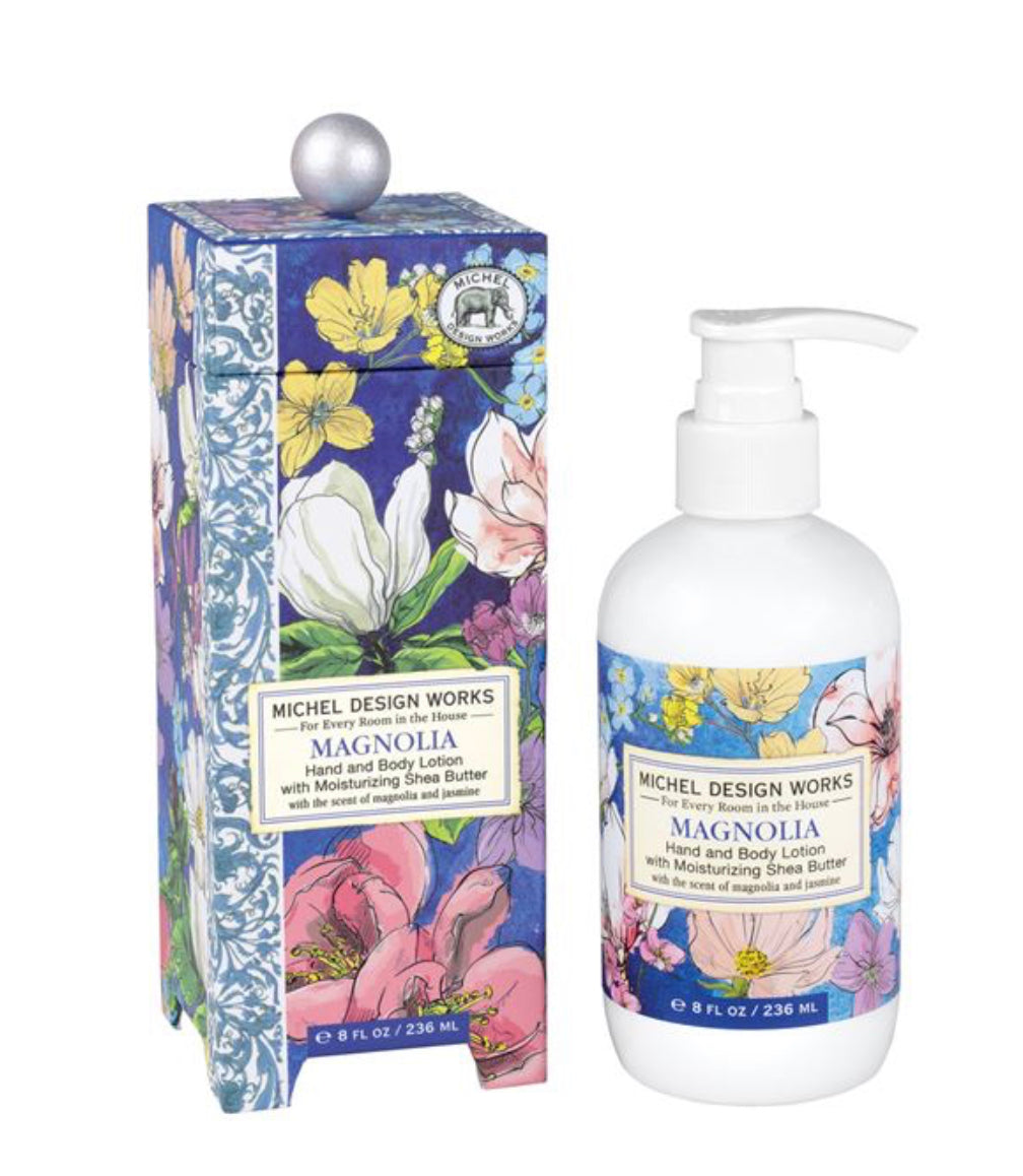 Magnolia Lotion is a floral-infused moisturizer, contained in a bottle with a convenient pump dispenser. The labels, adorned with botanical elements, correspond to the vibrant floral design of its packaging. Available bottle size: 8 oz. Ingredients include various botanicals.
