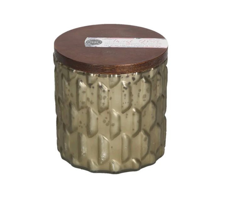 Sweet Grace Collection Candle #035: soy blend, gold textured glass jar, dark wood lid, white label. Available in multiple sizes.