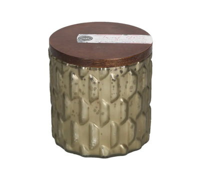 Sweet Grace Collection Candle #035: soy blend, gold textured glass jar, dark wood lid, white label. Available in multiple sizes.