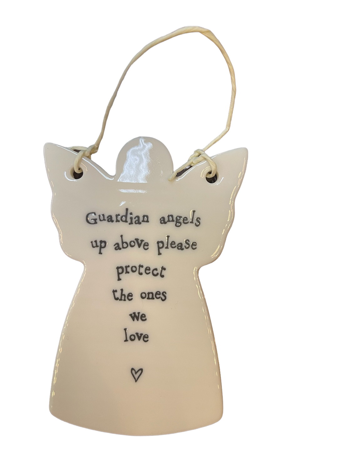 Angel Heart Ornament E4047-UN, angel-shaped with “Guardian angels up above please protect the ones we love” inscription and heart icon.