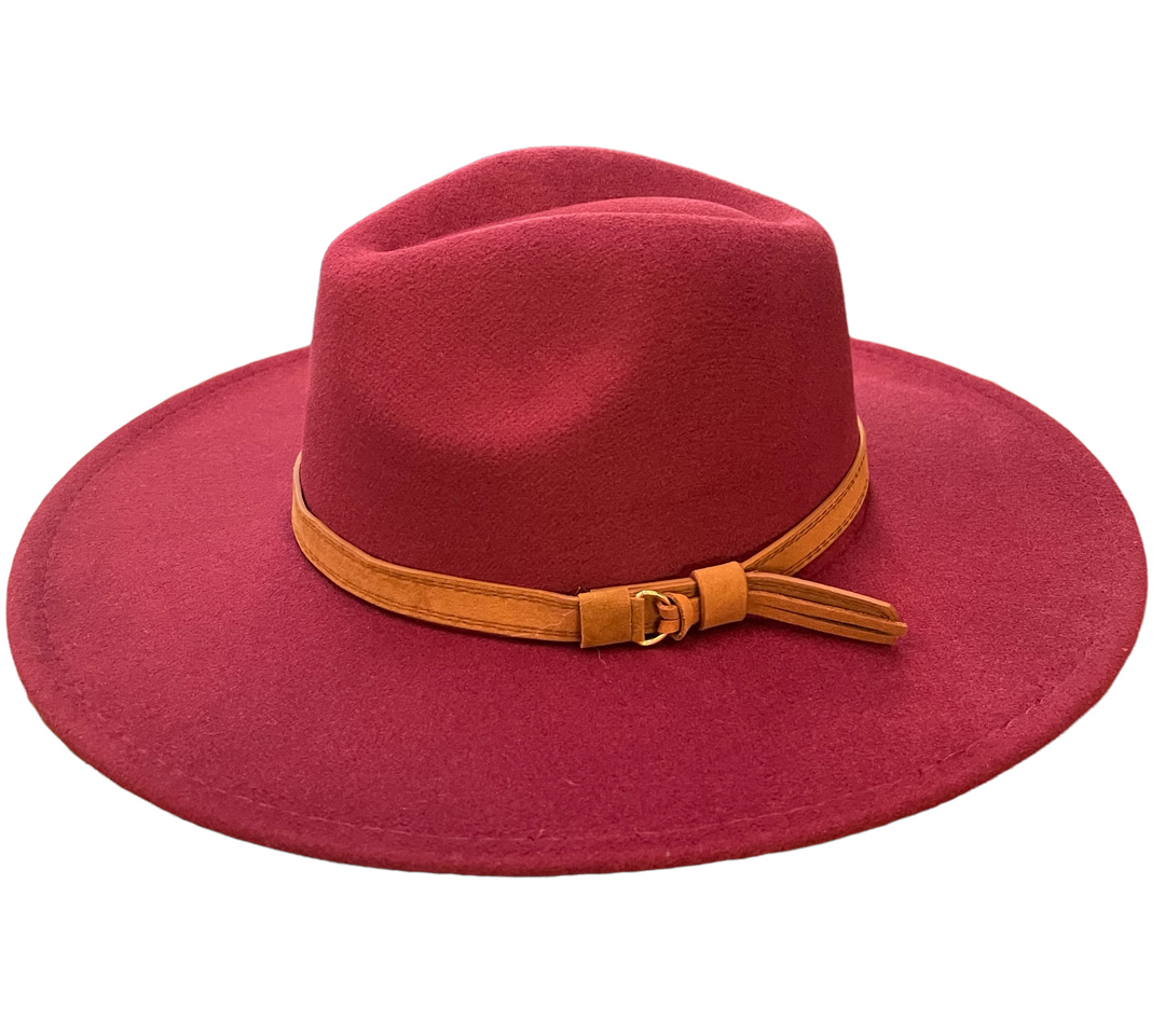 Deep red Wool Hats fedora with wide brim, light brown leather band, and knot detail. Available in S, M, L.