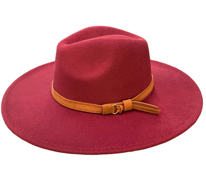 Deep red Wool Hats fedora with wide brim, light brown leather band, and knot detail. Available in S, M, L.