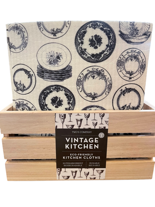Eco-friendly, biodegradable kitchen cloths with black plate and cup designs; available in standard size.