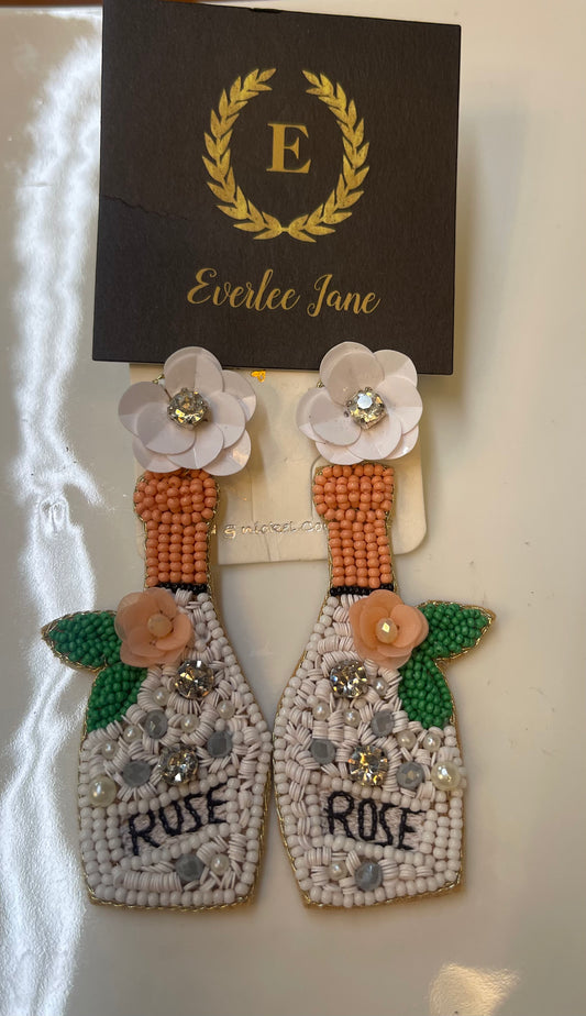 Beaded Rose Bottle Earrings with white, green, peach beads and "ROSE" detail. Sizes available.