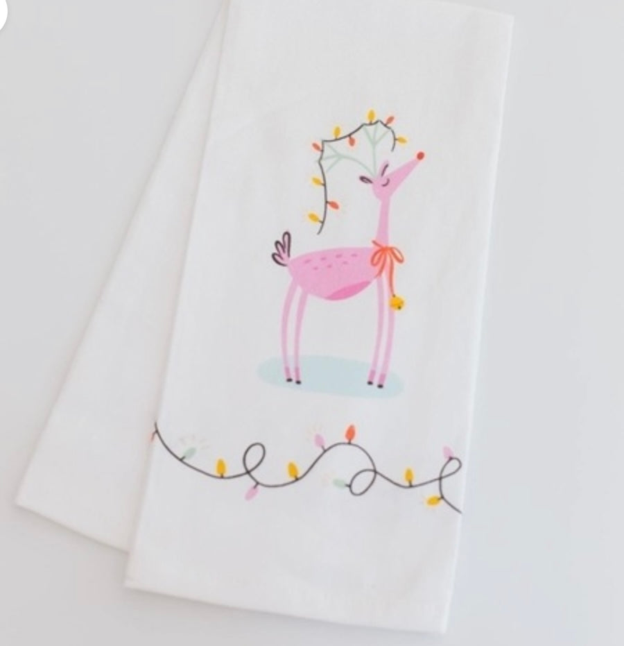 Pink Reindeer Tea Towel