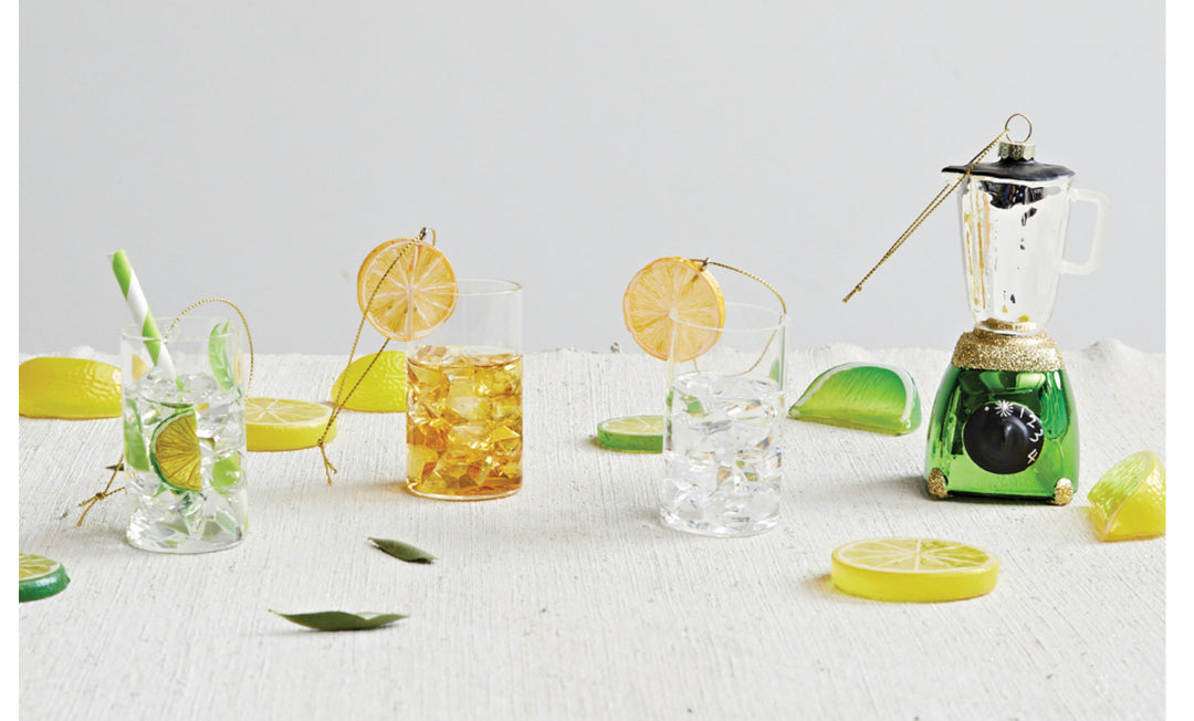 Highball Cocktail Ornament, 3 styles: three 4″ glass ornaments featuring lime, amber, and clear liquid with citrus slices.