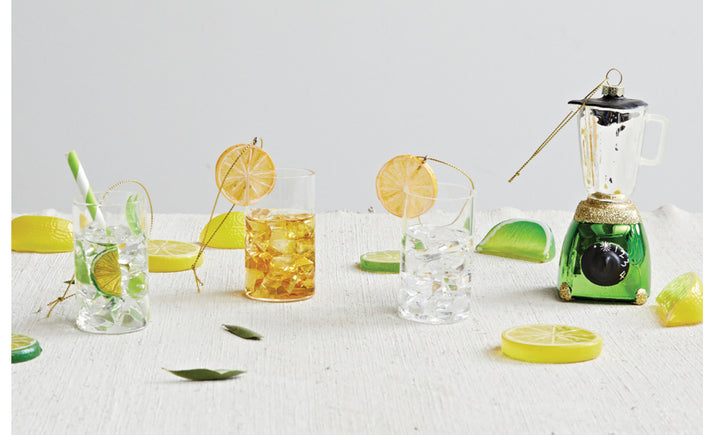 Highball Cocktail Ornament, 3 styles: three 4″ glass ornaments featuring lime, amber, and clear liquid with citrus slices.